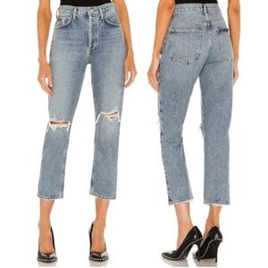 Agolde Light Blue Cropped Straight Distressed Jeans